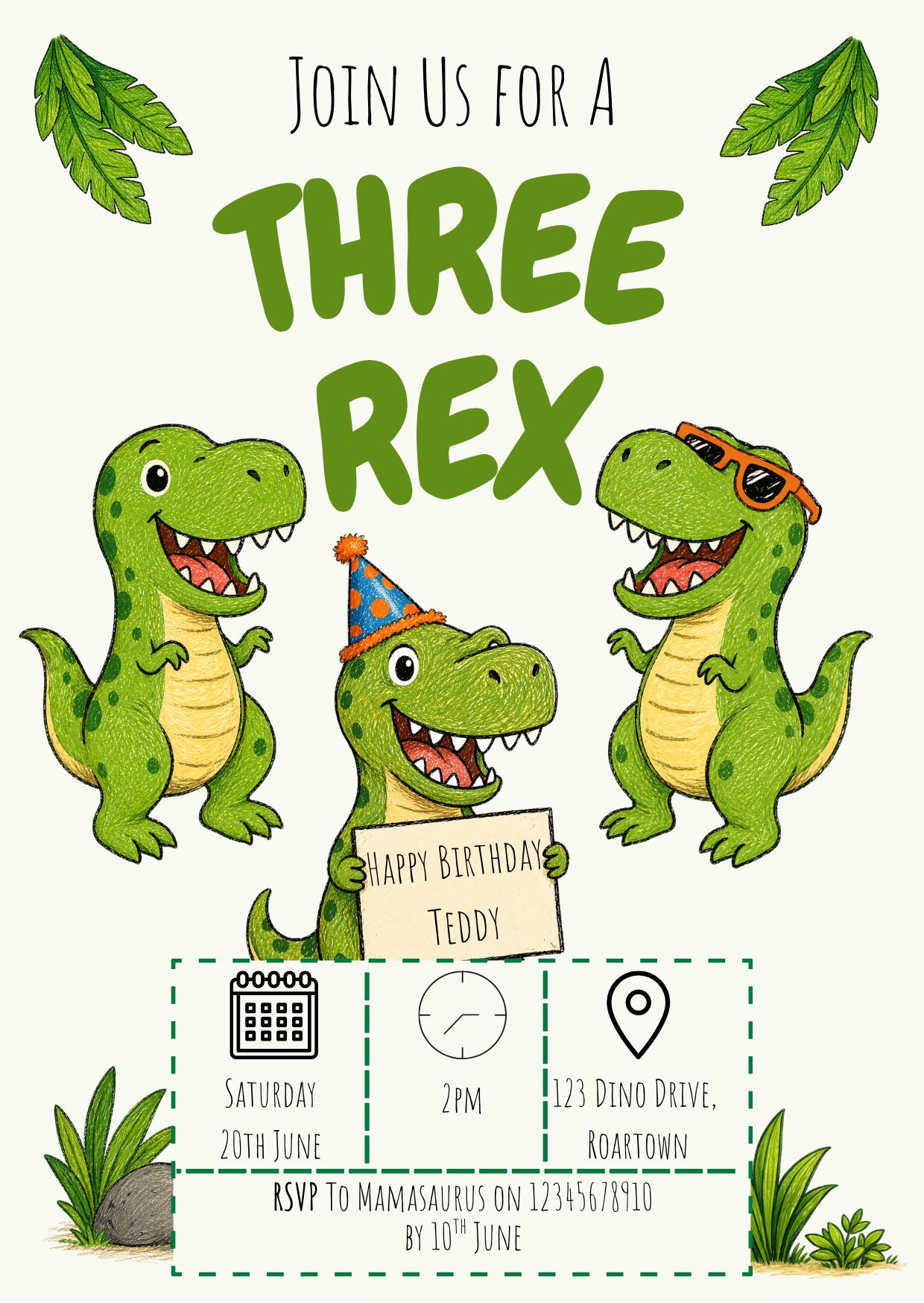 Three Rex Kids Birthday Party Invitation Template | Editable Template | Digital Download Only